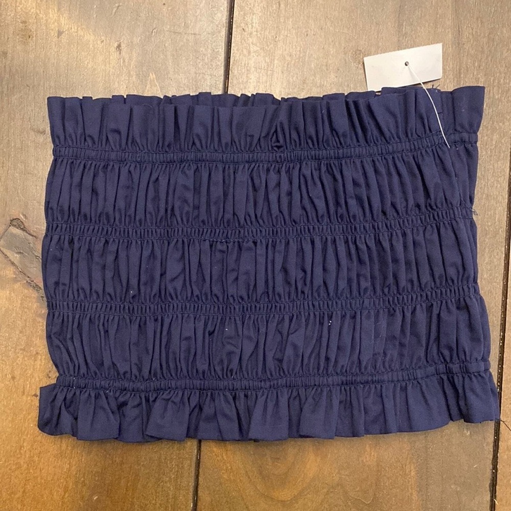 Kourt Smocked Tube Top Womens Size XS Navy Blue Ruffle Strapless Crop Top